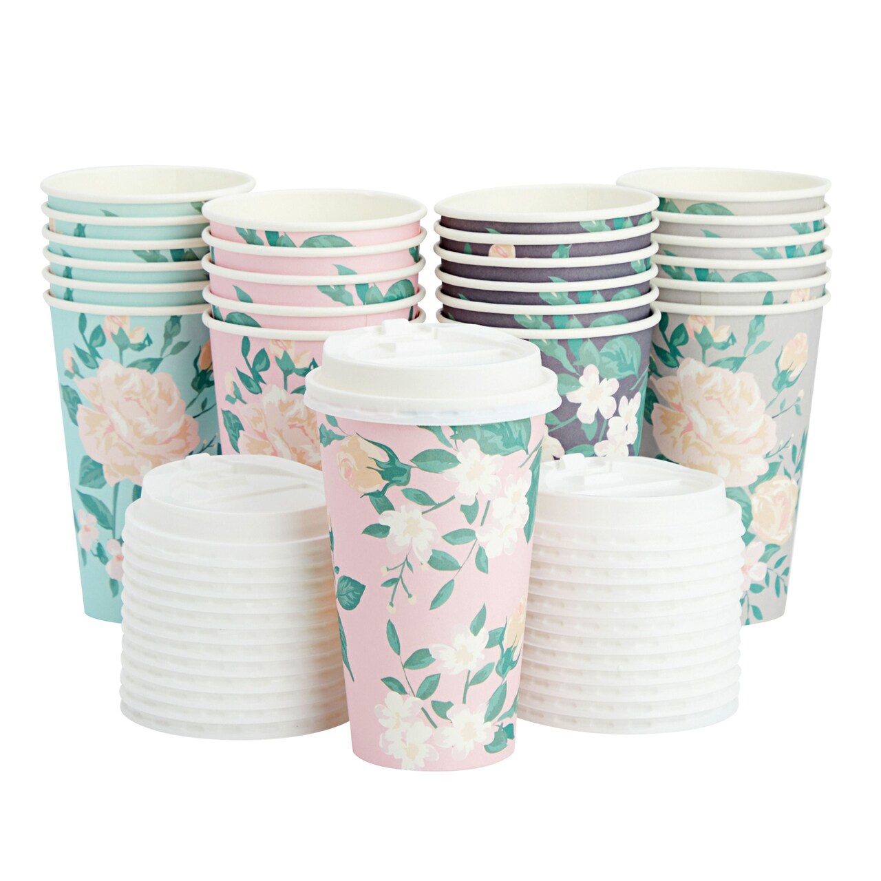 24 Pack 16oz To Go Coffee Cups with Lids, Vintage Floral Design Paper  (Pastel Colors, 4 Designs)